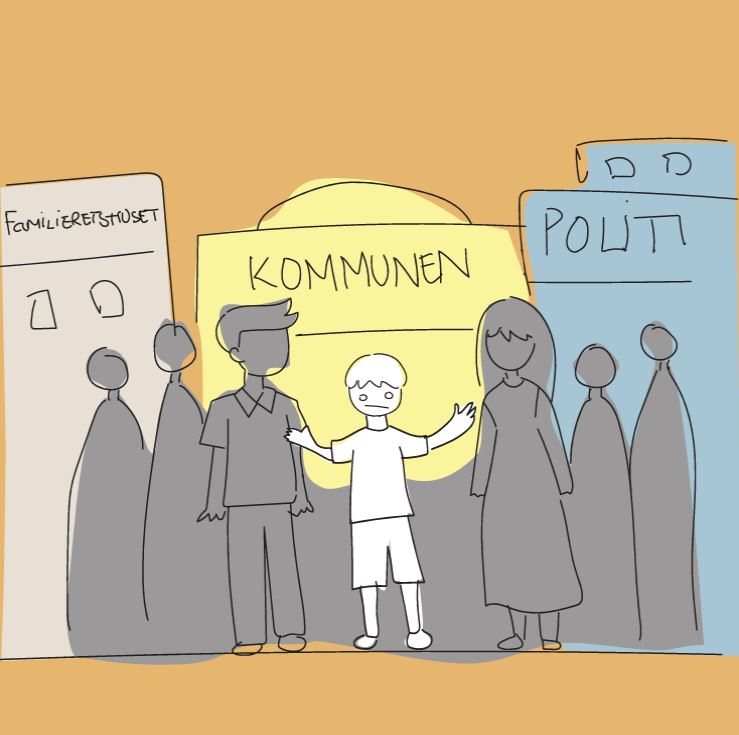 Illustration af barn, der står foran bygninger hos kommunen, politiet og familieretshuset